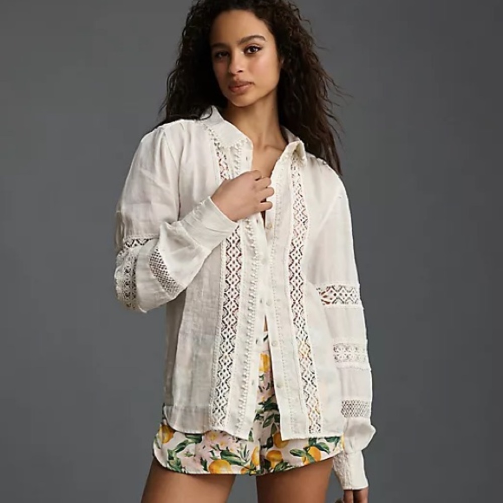 NWOT Anthropologie White Lace Button Down Top
